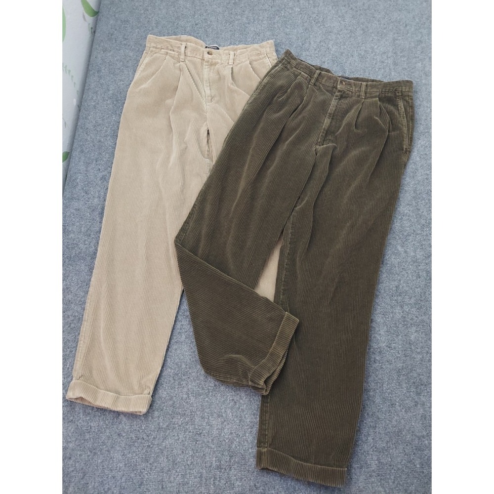 Lot 2 Vtg DOCKERS corduroy Pants Mens 33x32 Tan Olive Pleated Cuff Wide Wale Y2K
